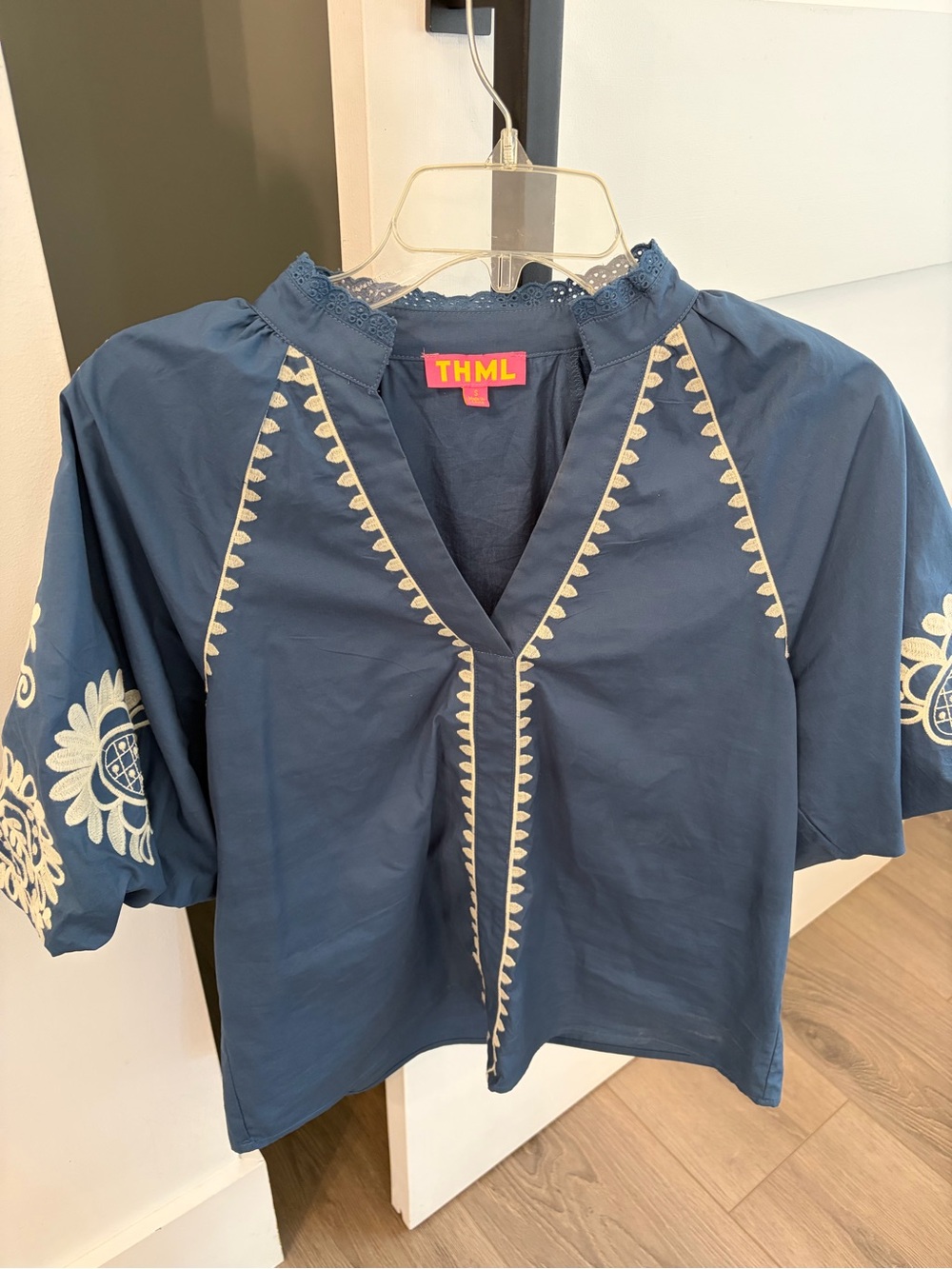 THML Navy Blue Embroidered V-Neck Tunic Top